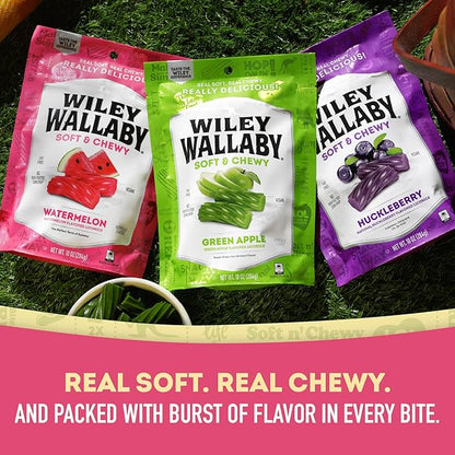 Wiley Wallaby Licorice 10 Ounce Variety Pack - Huckleberry, Apple & Watermelon Classic Gourmet Australian Style Soft & Chewy Licorice Candy - Pack of 3
