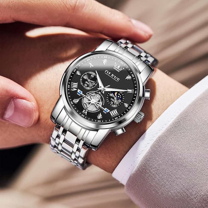 OLEVS Men Watches Stainless Steel Chronograph Watch, Large Wrist Analog Quartz Watch, Fashion Waterproof Diamond Roman Numerals Dress Watches for Men, Gold/Black/White/Blue/Grey Dial