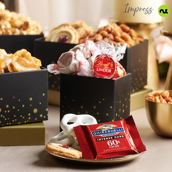 NUT CRAVINGS - Thanksgiving Chocolate Covered Pretzels & Caramel Popcorn Gift Basket, in Black Tower + Ribbon (8 Assortments) Holiday Xmas Christmas Healthy Snack Care Package