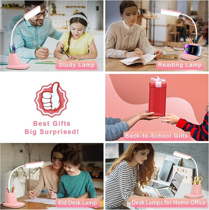 Sailstar Pink Desk Lamp, Small Desk Lamp with Pen Holder, Wireless Charger LED Desk Lamps for Home Office, Kids Desk Lamps 800LM Flexible Arm 3 Modes Dimmable Touch, Study Lamps for College Dorm Room