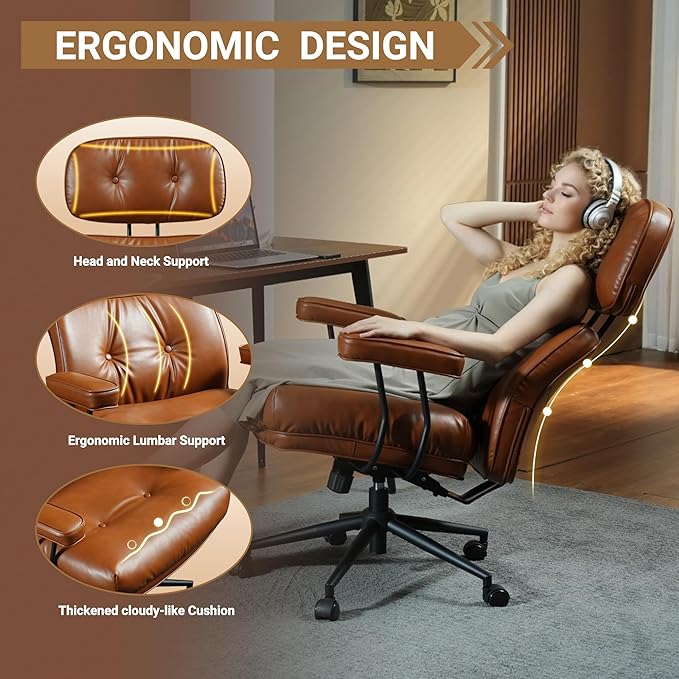 Ergonomic High Back Office Chair, PU Leather Home Office Desk Chairs with Wheels, Lumbar Support Swivel Computer Chair with Rocking Function, Brown