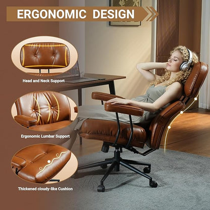 Ergonomic High Back Office Chair, PU Leather Home Office Desk Chairs with Wheels, Lumbar Support Swivel Computer Chair with Rocking Function, Brown