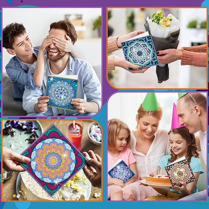 Saillong 12 Pack Mandala Diamond Painting Greeting Card Kits DIY Diamond Art Cards with Envelopes Flower 5D Rhinestones Painting Kits for Adults DIY Crafts Family Friend Birthday Gifts
