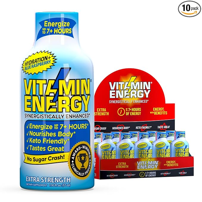Vitamin Energy Hydration+ Extra Strength Energy Shot Blue Raspberry 10 Pack, 260mg Natural Caffeine, Electrolytes, BCAAs, Amino Acids, Hydration & Performance, Zero Sugar, Gluten-Free, 1.93 fl oz