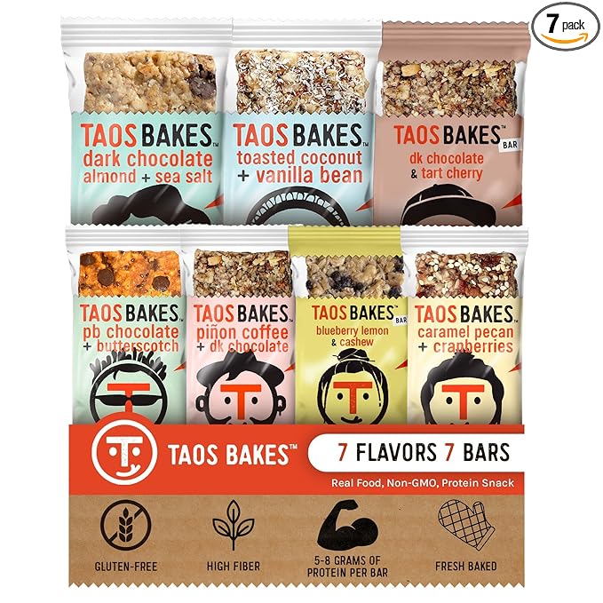 Taos Bakes - Snack Bars - Protein Bars and Fiber packed Granola Bars - Gluten Free & Non-GMO - Healthy Snacks for Adults & Kids – Convenient Trail Mix Bars (1.8 Ounce (Pack of 7), Variety Pack)