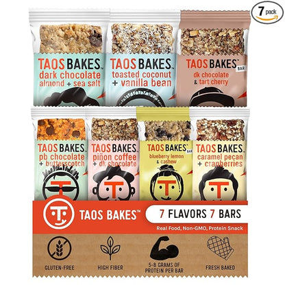 Taos Bakes - Snack Bars - Protein Bars and Fiber packed Granola Bars - Gluten Free & Non-GMO - Healthy Snacks for Adults & Kids – Convenient Trail Mix Bars (1.8 Ounce (Pack of 7), Variety Pack)