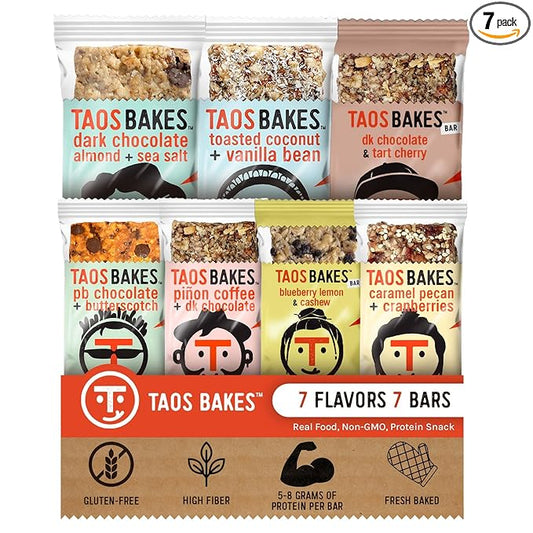 Taos Bakes - Snack Bars - Protein Bars and Fiber packed Granola Bars - Gluten Free & Non-GMO - Healthy Snacks for Adults & Kids – Convenient Trail Mix Bars (1.8 Ounce (Pack of 7), Variety Pack)