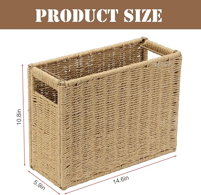 14.6 x 5.9 x 10.8 Inch Large Decorative File Box, Decorative File Baskets for Seagrass Hanging Organizers Portable Letter Size Document, Folder Filing Cabinet with Lid for Home Office Decor