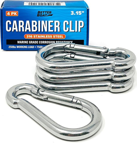 Stainless Steel Carabiner Clip, 4 Pack, 316 Marine Grade, Heavy Duty Spring Snap Hooks, Mini and Large Sizes, 2" to 4" Options