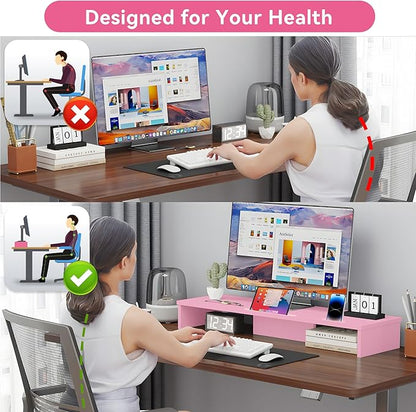 Dual Monitor Stand Riser with LED Lights and Phone Tablet Holder, 35.8in Large Monitor Stand for Desk, Computer Monitor Stand for 2 Monitors, Desktop Shelf Organizer for Laptop, Printer, TV