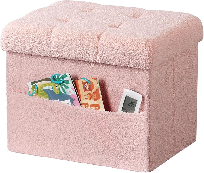 Storage Ottoman Foot Stool,Faux Teddy Tufted Foot Rest, Space Saver Chair with Storage,Ergonomic Stool for Bedroom/Living Room/Desk/Office(17x13x13 inches, Pink)