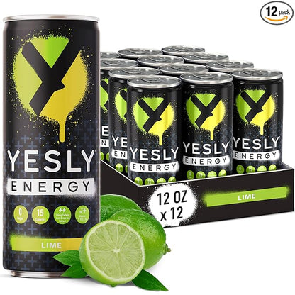 Yesly Energy Drink, Lime, Naturally Flavored Sparkling Energy Drink With Electrolytes, Magnesium, Potassium, Vitamin C, B6 & B12, Natural Caffeine From Green Tea, Zero Sugar, 12 Fl Oz Cans, 12 Pack