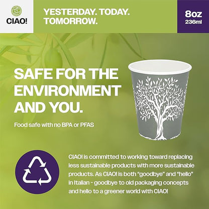 CIAO! 8oz Paper Hot Cup, Rooted Olive Print, (Case of 1,000)