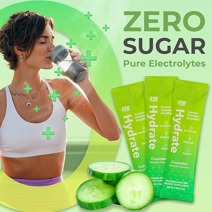 310 Nutrition Sugar Free Electrolytes Powder - Instant Hydration Packets for Daily Fluid Balance - Caffeine-Free Rehydration Drink Mix w/Vitamins, Low Calorie & Keto Friendly - Cucumber 15 Singles