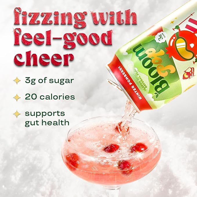 Bloom Pop Prebiotic Soda 12 Pack, Winter Pomberry Flavor, 12oz Cans | Prebiotic Soda for Gut Health, Low Calorie Soda, No Caffeine, Healthy Soft Drink Alternative