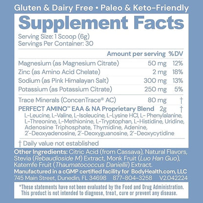 BodyHealth PerfectAmino Electrolyte Powder No Sugar, Hydration Fasting Keto Zero Sugar Electrolytes Drink Mix with Trace Minerals - Lemon Lime - 30 Servings
