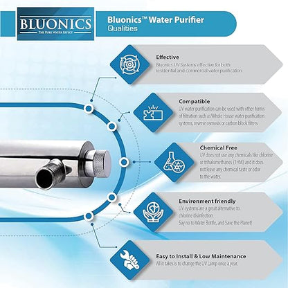 Bluonics Complete Whole House Well Water Filtration System 12 GPM 55W UV Purifier with Triple 4.5"x10" 55W UV, Activated Carbon & Sediment 5, 20 & 40 Micron Pre-Filter + Extra Filters & UV Bulb