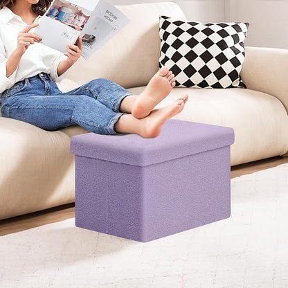 PINPLUS Storage Ottoman Cube Ottoman Foot Rest,Small Foldable Portable Boucle Upholstered Sherpa Ottomans, Faux Teddy Fur, Purple 16.5"x12.6"x12.6"