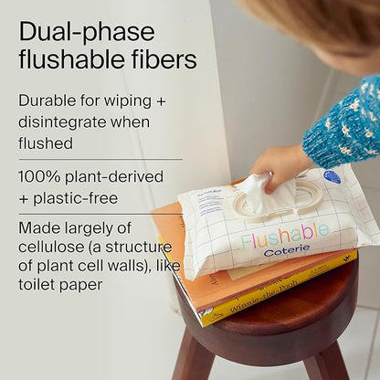 Coterie Flushable Wipes for Toddlers, Designed for Potty Training, Safe for Sensitive Skin, Hypoallergenic, 99% Water, Plant-Based, Fragrance Free, Sewer & Septic Safe, 4 Pack (224 Wipes)