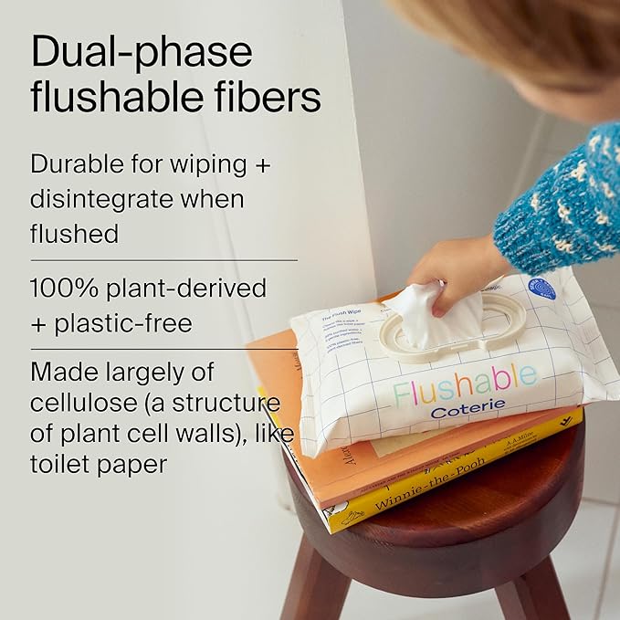 Coterie Flushable Wipes for Toddlers, Designed for Potty Training, Safe for Sensitive Skin, Hypoallergenic, 99% Water, Plant-Based, Fragrance Free, Sewer & Septic Safe, 12 Pack (448 Wipes)
