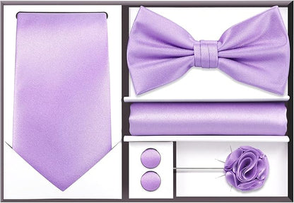 TIE G 5pcs Tie Set in WHITE OR BLACK GIFT BOX: Solid Color Necktie, Satin Bow Tie, Pocket Square, Lapel, Cuff Links