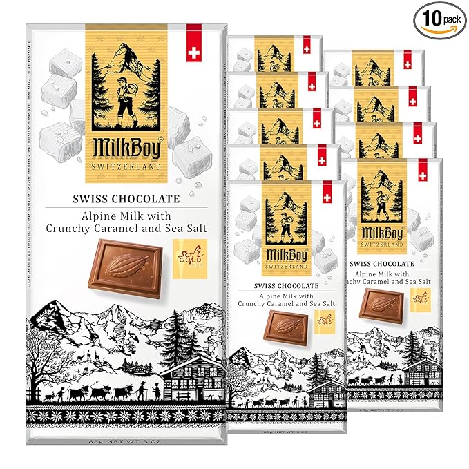 Milkboy Swiss Chocolates Milk Chocolates - Alpine Milk Chocolate Bars with Crunchy Caramel Sea Salt - Gluten-Free Non-GMO All Natural - Made in Switzerland - 3 oz, Pack 10