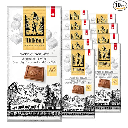 Milkboy Swiss Chocolates Milk Chocolates - Alpine Milk Chocolate Bars with Crunchy Caramel Sea Salt - Gluten-Free Non-GMO All Natural - Made in Switzerland - 3 oz, Pack 10