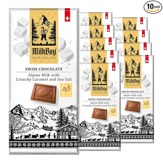 Milkboy Swiss Chocolates Milk Chocolates - Alpine Milk Chocolate Bars with Crunchy Caramel Sea Salt - Gluten-Free Non-GMO All Natural - Made in Switzerland - 3 oz, Pack 10