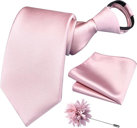 Branduce 3.15"（8cm） Pre-tied Adjustable Zipper Tie and Lapel Pin Solid Necktie Handkerchief Set for Men