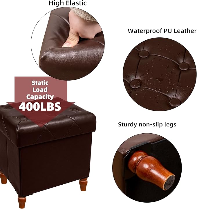 CAROLMADE Folding Storage Ottoman Cube PU Leather Footstool with Wood Legs Ottoman Footrest for Living Room and Bedroom Brown, 15x12.6 x 15.4”