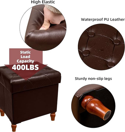 CAROLMADE Folding Storage Ottoman Cube PU Leather Footstool with Wood Legs Ottoman Footrest for Living Room and Bedroom Brown, 15x12.6 x 15.4”