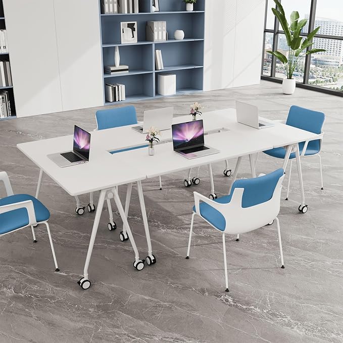 Folding Conference Table, Rectangular Conference Room Tables, Mobile Modular Training Table, Solid Steel Frame,Thickened Panel,for Offices,Meeting Room,Offices andSchools (6, White, 71in)