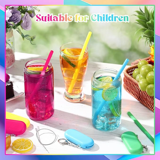 Meanplan 4 Sets Cruise Ship Essentials,4 Set Silicone Straws with Case Reusable Silicone Portable Drinking Straw Set for Party Travel Cold or Hot with 4 Carry Case, 4 Cleaning Brushes (Neon Colors)