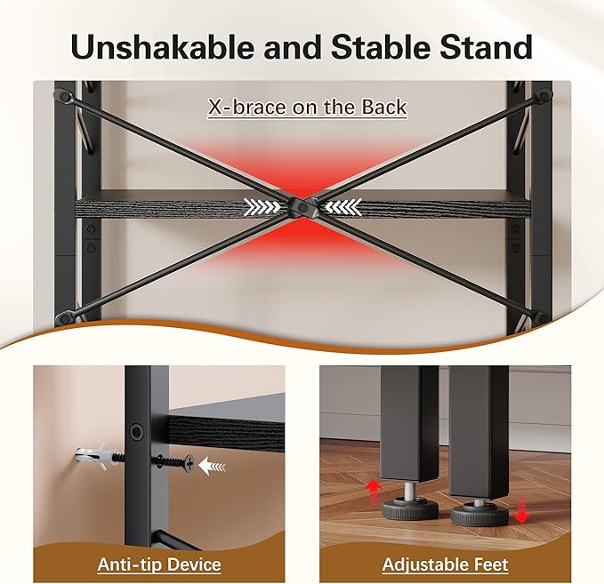 5 Tier Bookshelf, Industrial Tall Bookcase, Modern Display Shelves with Metal Frame and Sidebars for Bedroom, Living Room and Home Office, Black