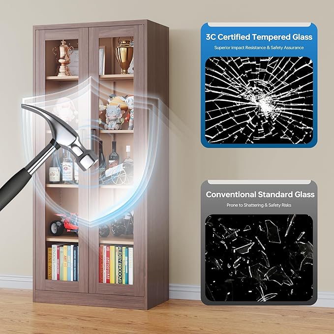 Display Storage Cabinet with Glass Door, 71 Inches Metal Curio Cabinet with 4 Adjustable Shelves, Locking Glass Display Case for Home, Office, Clinic, Pantry, Assemble Required (Wood Color)