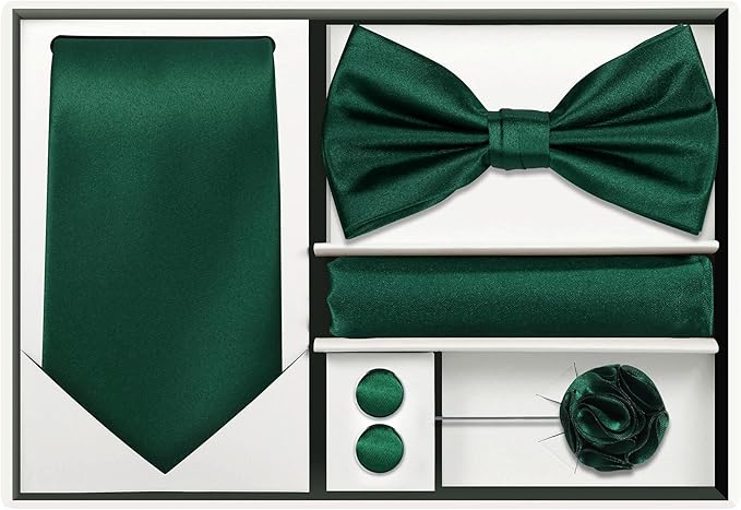 TIE G 5pcs Tie Set in WHITE OR BLACK GIFT BOX: Solid Color Necktie, Satin Bow Tie, Pocket Square, Lapel, Cuff Links