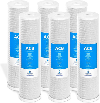 Express Water - 6 Pack Activated Carbon Block Replacement Filter - ACB Large Capacity for Whole House Filtration - 5 Micron, 4.5" x 20" Inch