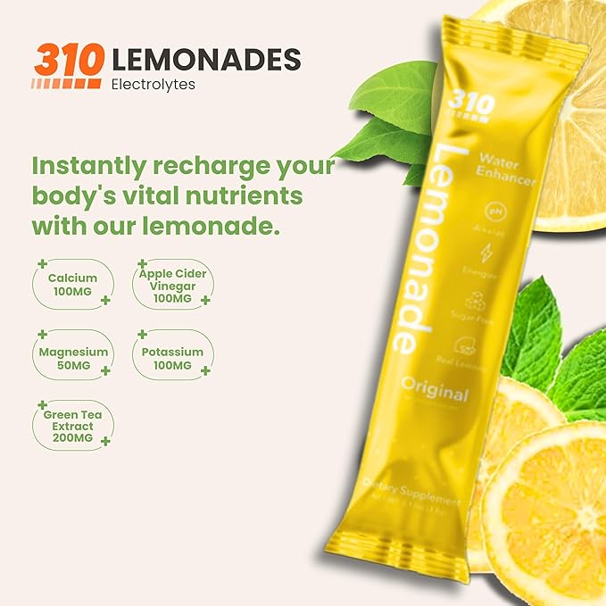 310 Nutrition Electrolyte Lemonade Powder No Sugar - Original Water Flavoring Packets - Hydration & Energy Drink Mix - Low Calorie Water Enhancer - 30 Singles - Made in The USA