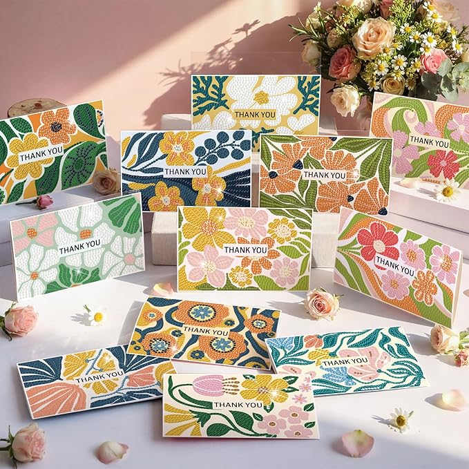 Saillong 12 Pack Flower Thank You Diamond Painting Greeting Card Kits DIY Spring Diamond Art Cards with Envelopes Floral 5D Rhinestones Painting Making Kits for Adults DIY Craft Family Birthday Gifts