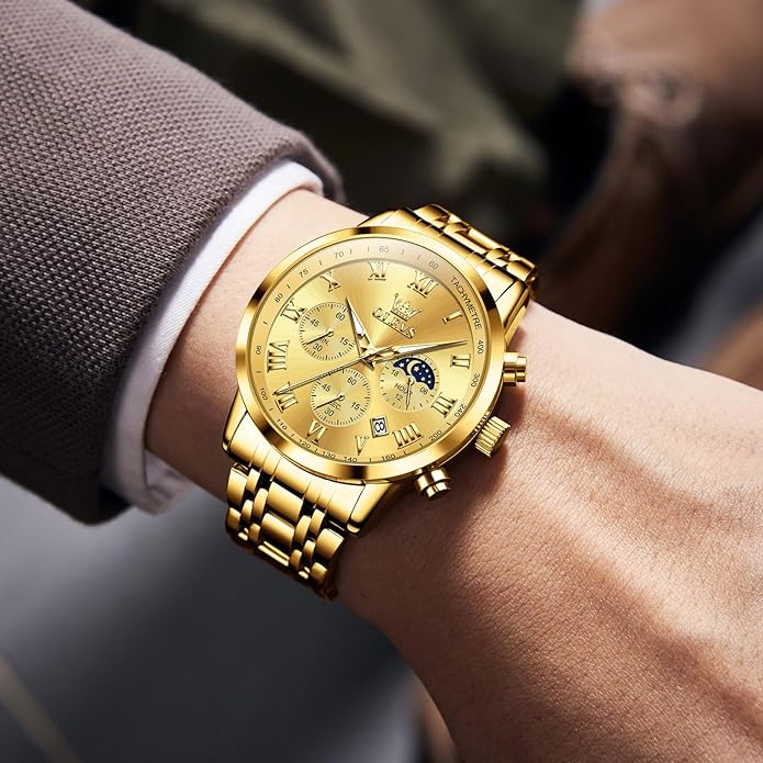 OLEVS Mens Stainless Steel Chronograph Watch, Big Face Roman Numerals Date Analog Quartz Dress Watches for Men, Fashion Multifunctional Waterproof Luminous Hands Men's Wristwatch