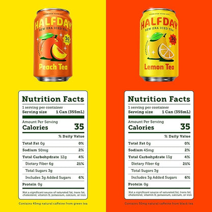 HALFDAY Prebiotic Iced Tea Peach & Lemon Variety Pack, Supports Digestive & Gut Health, 6g Plant Fiber & Prebiotics, 3g of Sugar, 35 Calories, Real Brewed Tea, Natural Caffeine, 12 fl oz (12 pack)