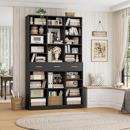 HOSTACK 75" Tall Book Shelf and Bookcase, 47" Wide Bookshelf with Drawers, Modern 9 Tier Bookcase with Storage, Large Wood Display Cabinet with Adjustable Shelves for Living Room, Home Office, Black