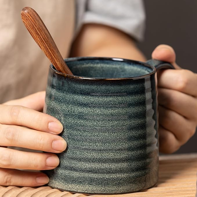 Ceramic Coffee mugs, 21 oz, Extra Large Mugs, Big Tea Cup, Large Handle, Pottery Mug, Big Belly, Transmutation Glaze，Wide Bottom, stripe pattern, Microwave & Dishwasher Safe. (Dark Green)