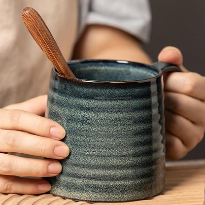 Ceramic Coffee mugs, 21 oz, Extra Large Mugs, Big Tea Cup, Large Handle, Pottery Mug, Big Belly, Transmutation Glaze，Wide Bottom, stripe pattern, Microwave & Dishwasher Safe. (Dark Green)