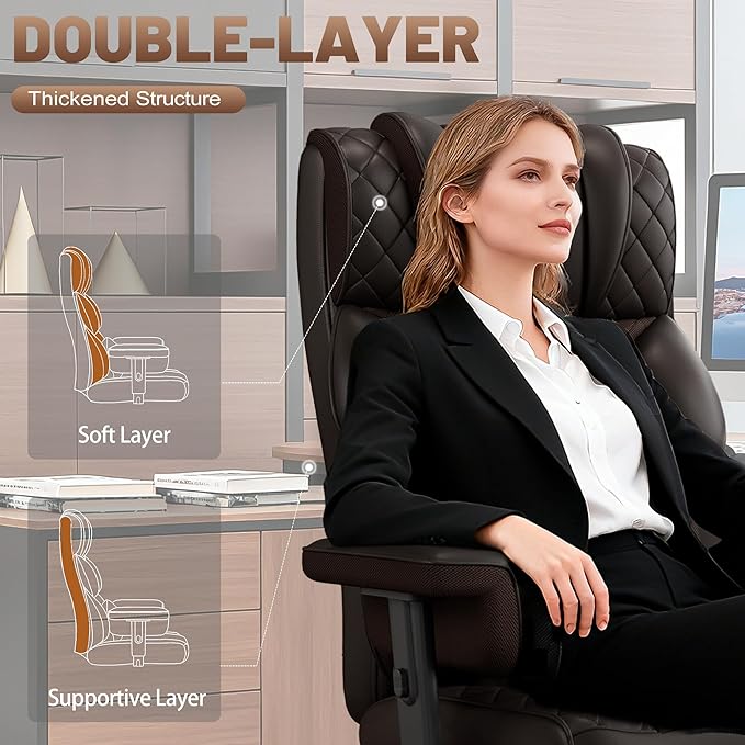 Vonesse Big and Tall Office Chair, Computer Chair with Soft Adjustable Armrests, Ergonomic High Back Gaming Chair with Lumbar Support, Executive Chairs with Footrest (PU Leather + Mesh Fabric,Brown)
