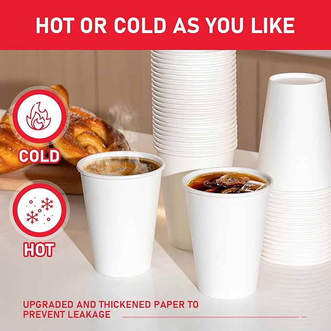 12 oz 1000 Pack Disposable Paper Coffee Cups, Hot Paper Cups, Thickened Leak-Free White Coffee Cups for Hot and Cold Drinks