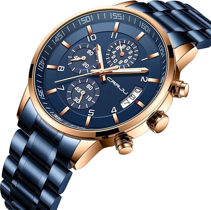 CRRJU Men's Fashion Stainless Steel Watches Date Waterproof Chronograph Wristwatches,Black Steel Band Waterproof Quartz Watch for Men