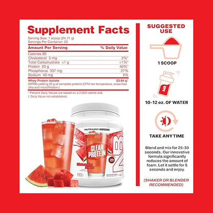 NutraBio Clear Protein Powder, Watermelon Breeze - 20 Servings, 20g Clear Whey Protein Isolate, 0 Sugar, 0g Lactose, Refreshing Fruit Flavors, GLP1 Support -Bone Health - Muscle Post Workout Recovery