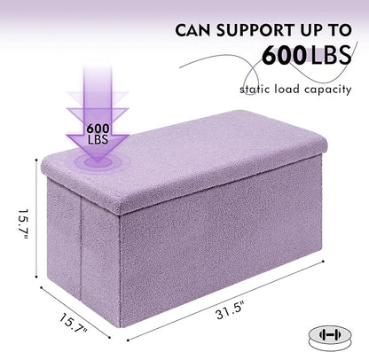PINPLUS Folding Storage Ottoman Bench, Sherpa Ottoman with Storage, Large Long Shoes Bench Chest with Lid, Footrest for Living Room, Entryway, Purple, 31.5'' x 15.7'' x 15.7''