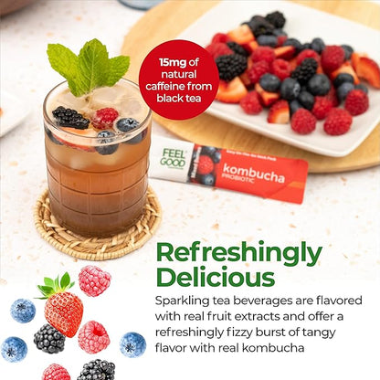 FeelGood Superfoods Kombucha Iced Tea Packets, Delicious Mixed Berries Flavored Refreshing Instant Kombucha Powder Fizzy Drink, Probiotic Supplement for Gut Health, 14 Pack